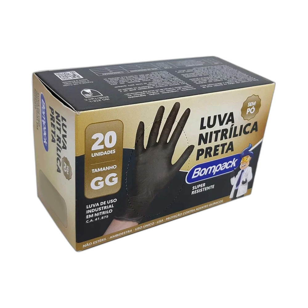 Embalagem da Luva Bompack Nitrílica Preta sem Pó GG com 20 unidades